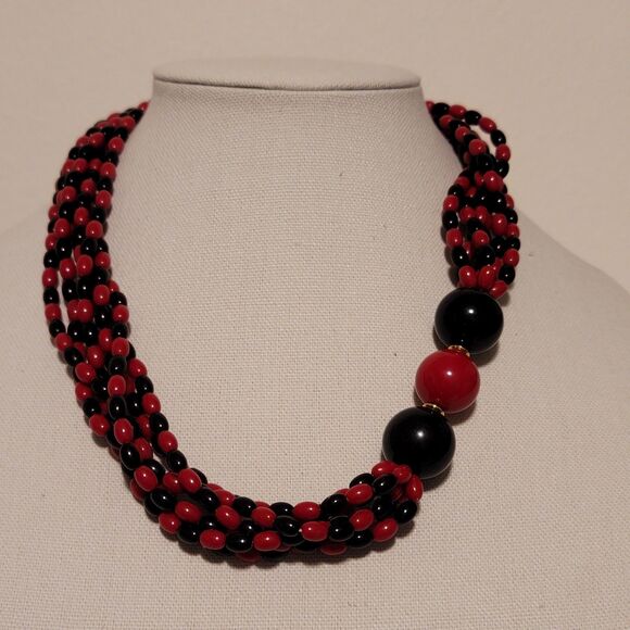 Vintage Black and Red Multi-Strand Bead Necklace with Gold Tone Clasp - Picture 2 of 3